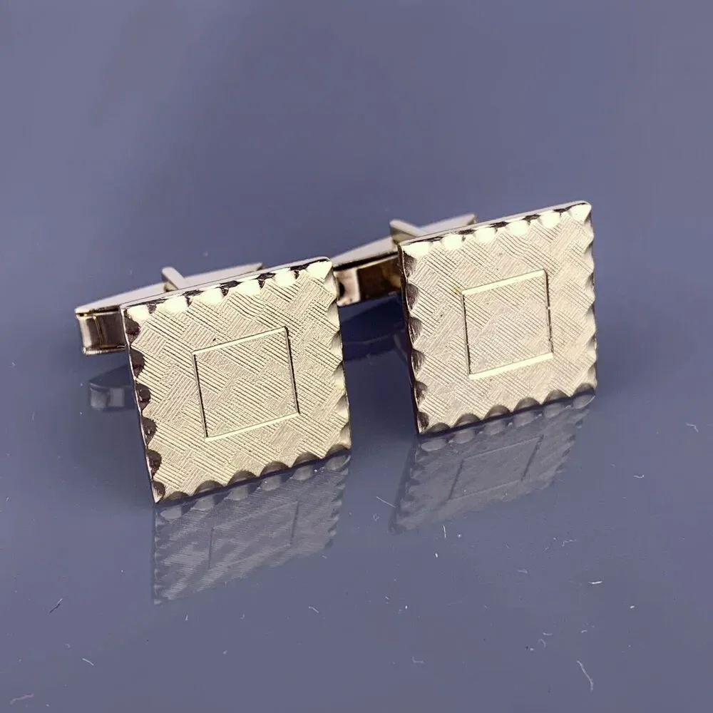 Square Carved Edge Gold Tone Cufflinks Textured Face Simple Vintage